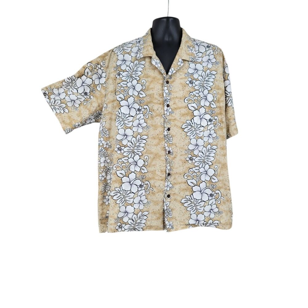 Winnie Fashion Vintage Cream Beige Tropical Floral Hawaiian Shirt Camp Collar